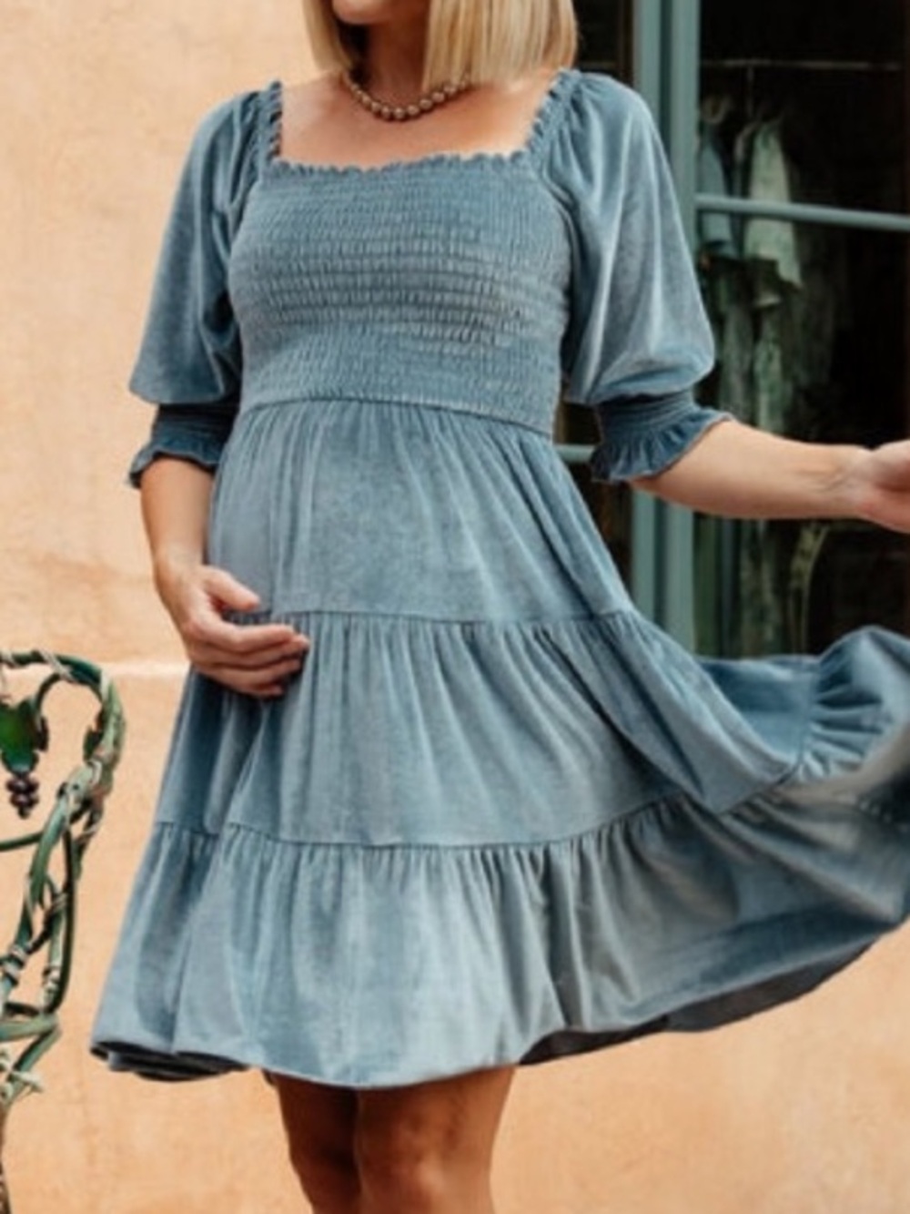 Baltic Born size large knee length velvet Smocked Square-Neck Dress Steel Blue